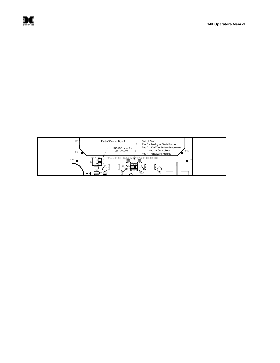 System configuration, 1 analog/serial input selection, 2 password protection | 3 navigating the menus, 1 prog key, Analog/serial input selection, Password protection, Navigating the menus, Prog key, Figure 7 switch sw1 | Detcon 140 User Manual | Page 14 / 33