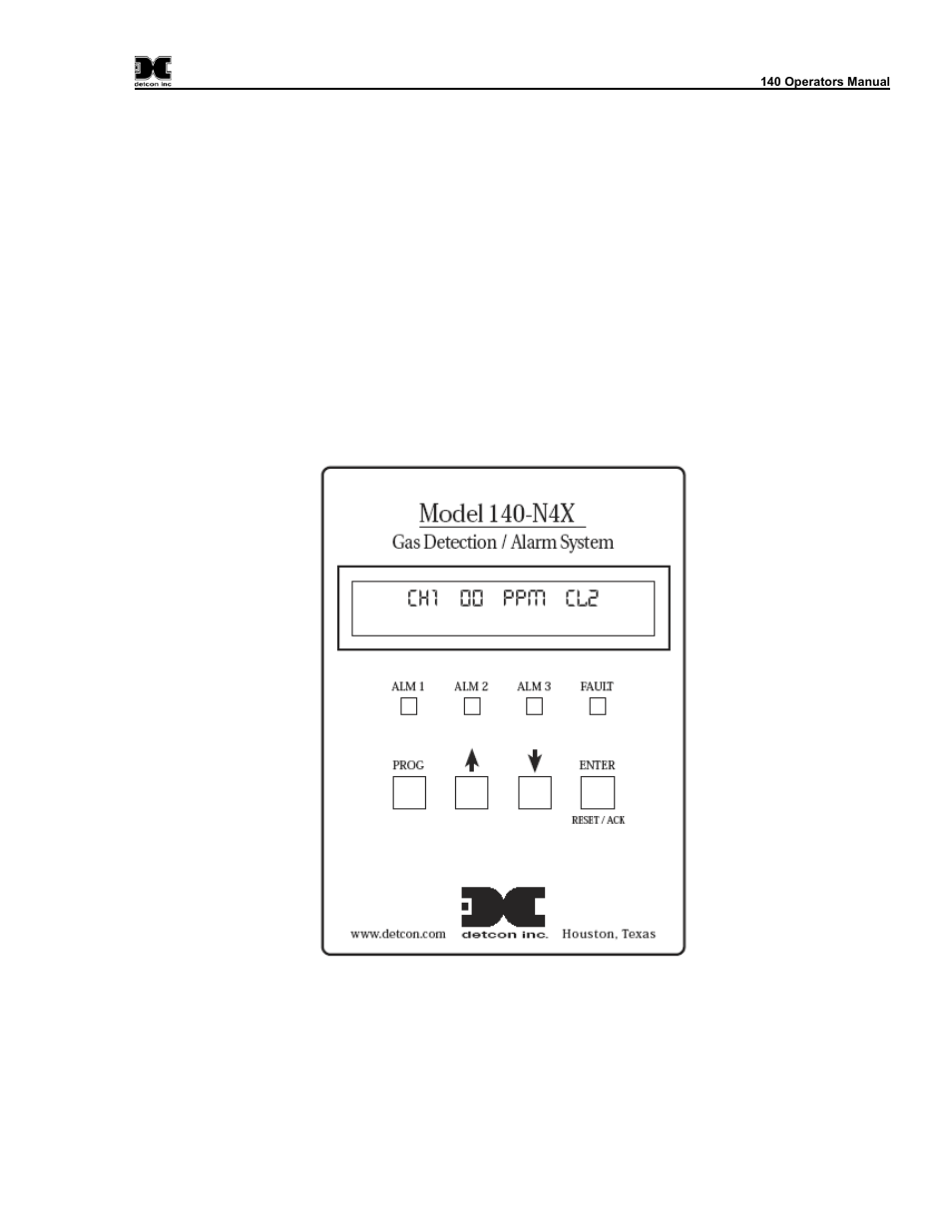 2 “up arrow” key, 3 “down arrow” key, 4 enter and reset/ack key | 4 main display functions, Up arrow” key, Down arrow” key, Enter and reset/ack key, Main display functions, Figure 8 front panel user interface | Detcon 140 User Manual | Page 15 / 33