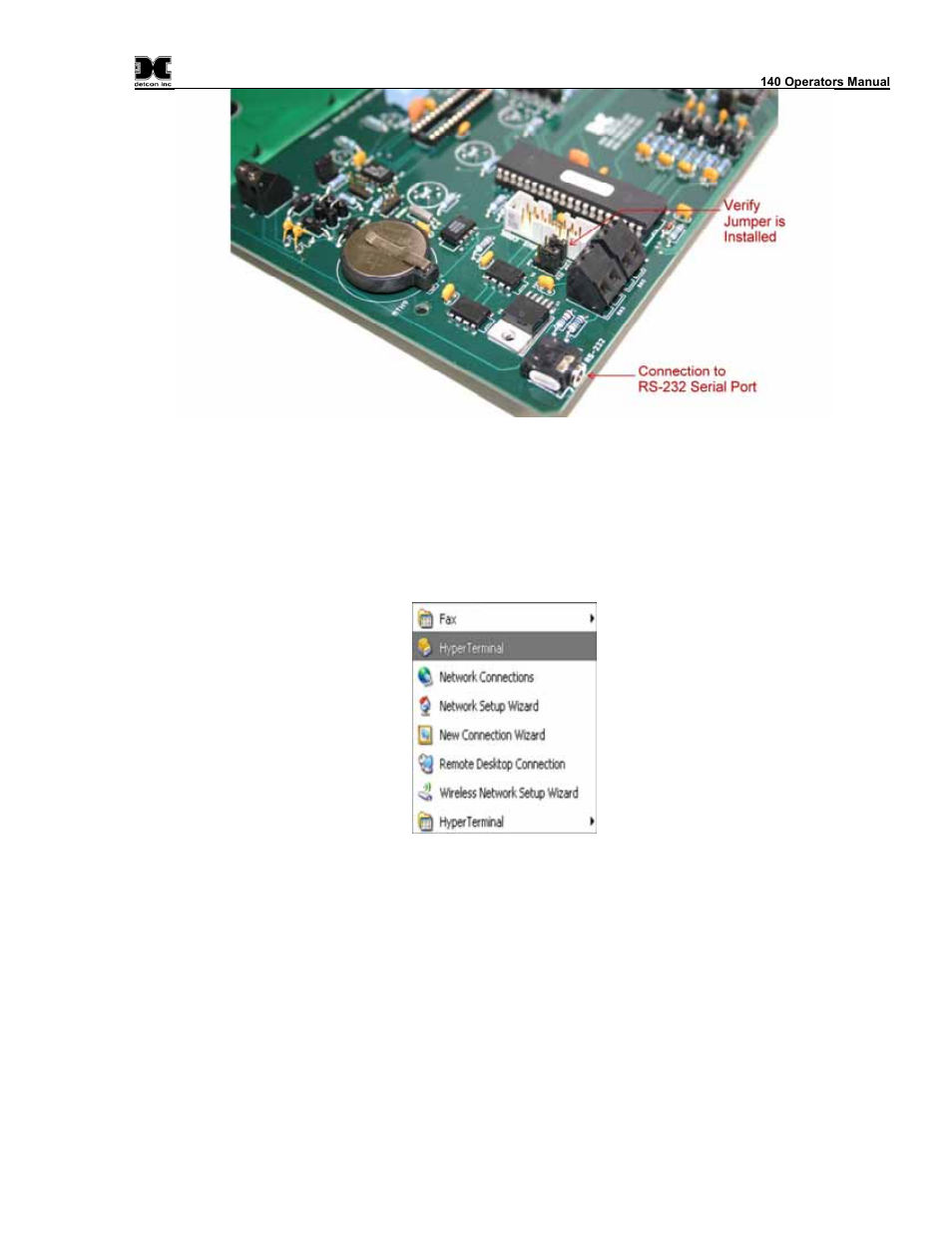 Figure 10 serial connection and jumper locations, Figure 11 invoking hyper terminal | Detcon 140 User Manual | Page 25 / 33
