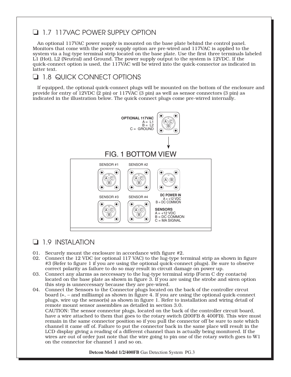 Fig. 1 bottom view, 9 instalation, 7 117vac power supply option | 8 quick connect options | Detcon 400FB User Manual | Page 3 / 6