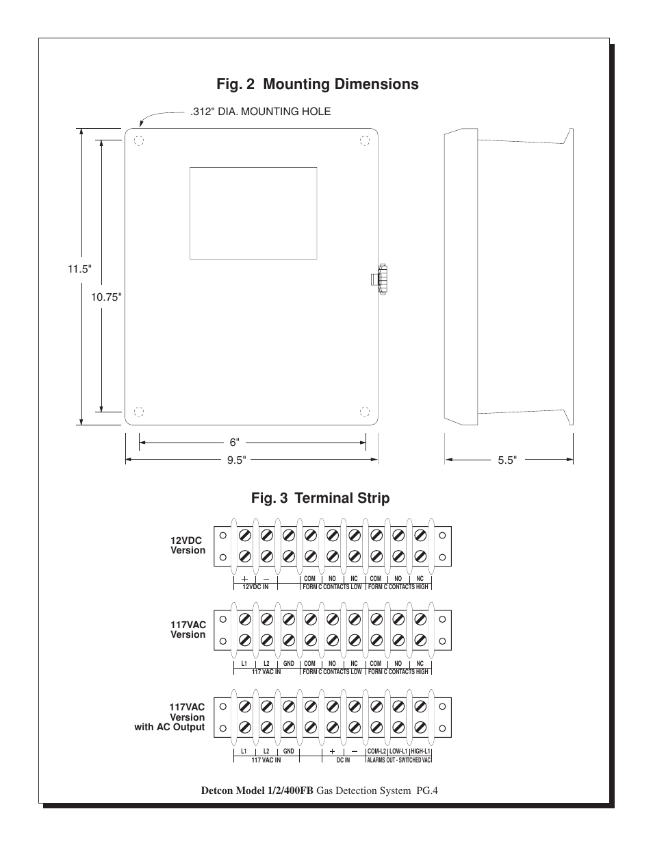 Fig. 2 mounting dimensions, Fig. 3 terminal strip | Detcon 400FB User Manual | Page 4 / 6