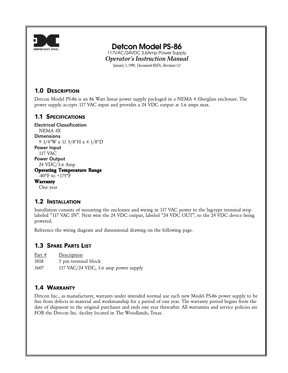 Detcon PS-86 User Manual | 2 pages