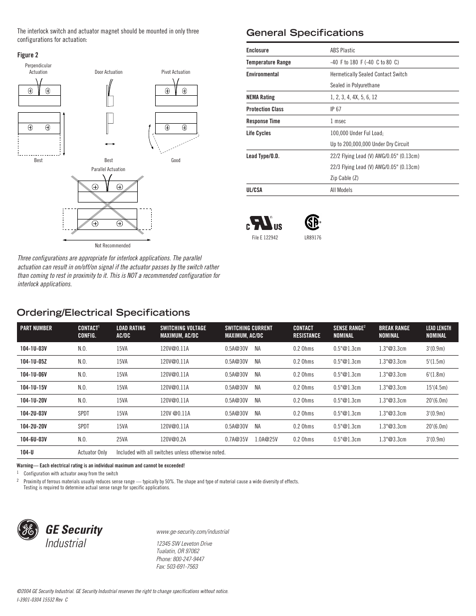 Ge security industrial, General specifications, Ordering/electrical specifications | Edwards Signaling 104 GuardSwitch User Manual | Page 2 / 2