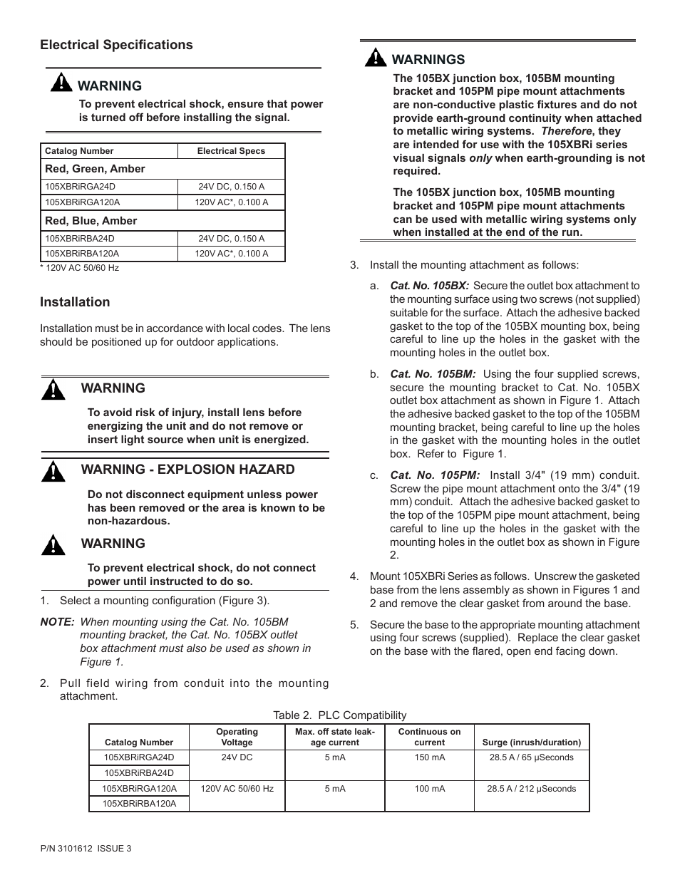 Electrical specifications, Warning, Installation | Warning - explosion hazard, Warning warnings | Edwards Signaling 105XBRi Series User Manual | Page 2 / 5