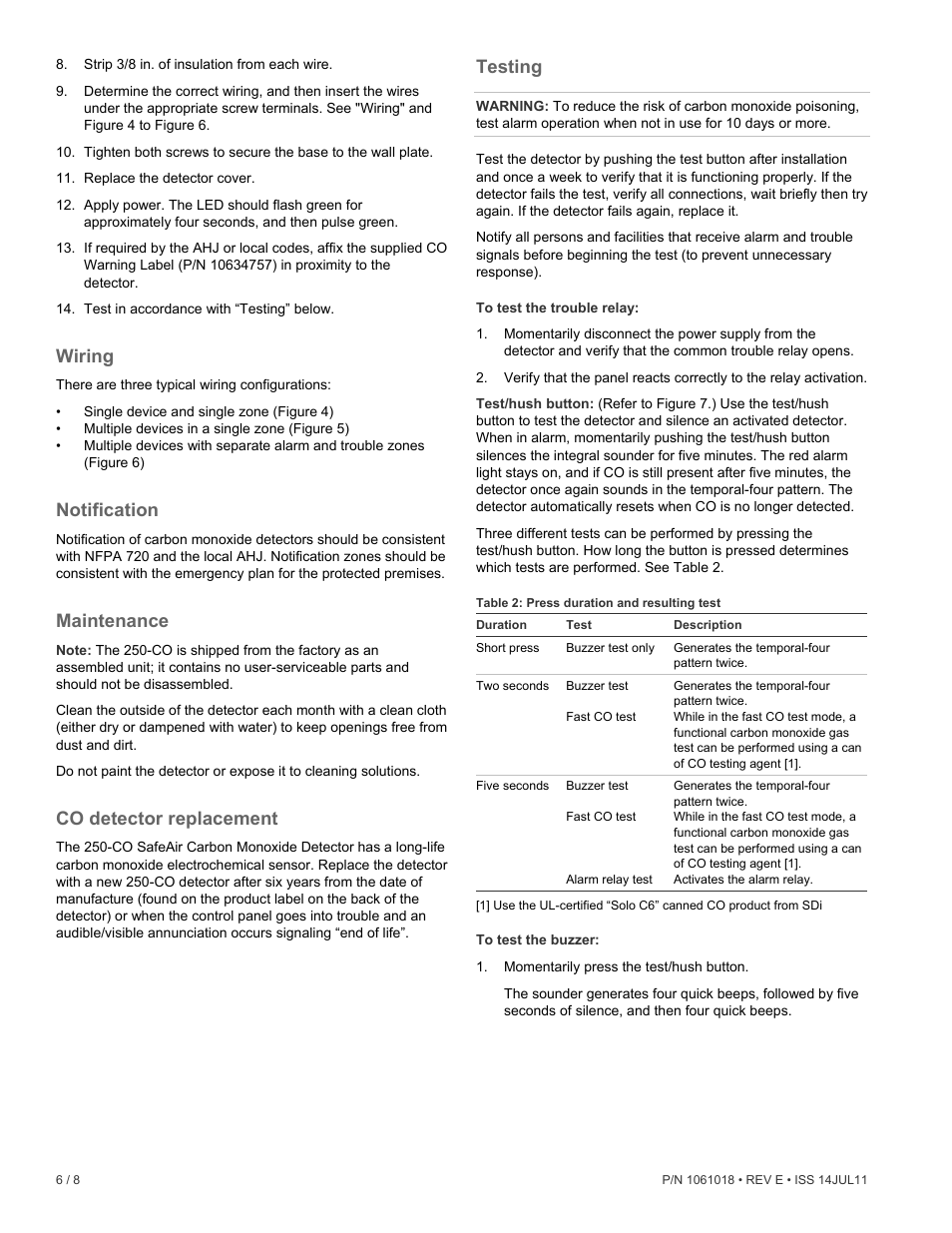 Wiring, Notification, Maintenance | Co detector replacement, Testing | Edwards Signaling 250-CO User Manual | Page 6 / 8