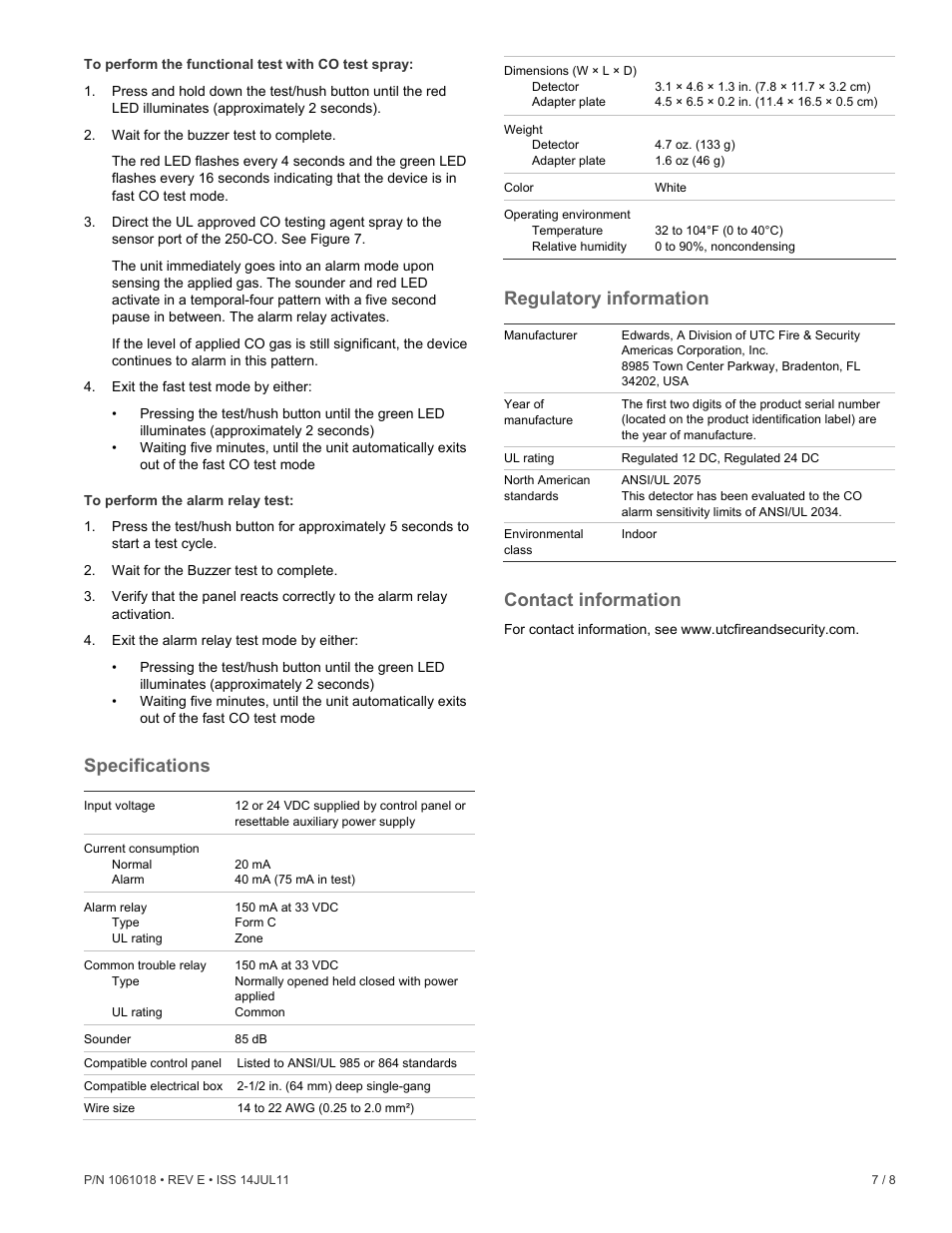 Specifications, Regulatory information, Contact information | Edwards Signaling 250-CO User Manual | Page 7 / 8