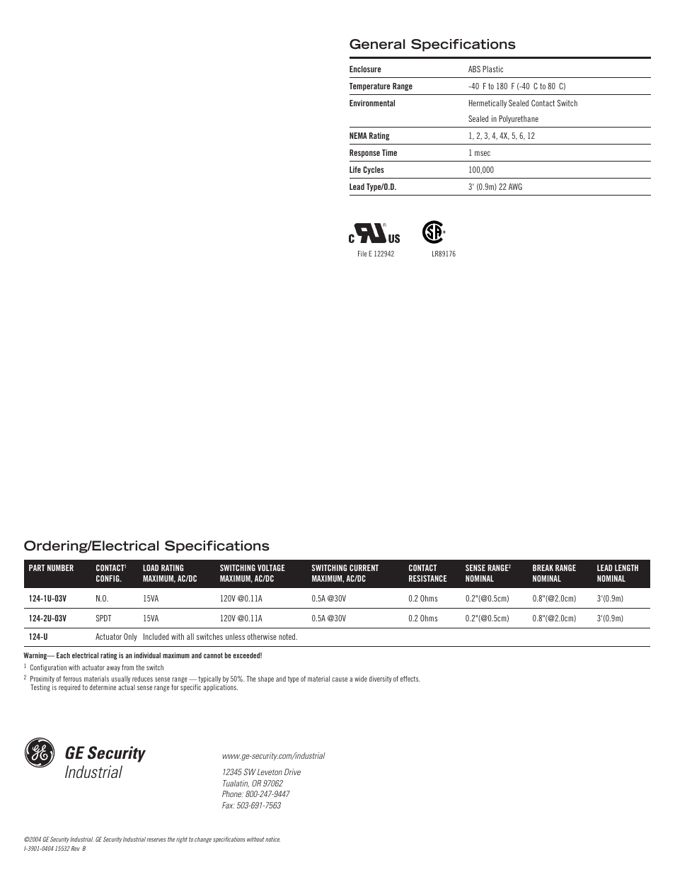 Ge security industrial, General specifications, Ordering/electrical specifications | Edwards Signaling 124 GuardSwitch User Manual | Page 2 / 2