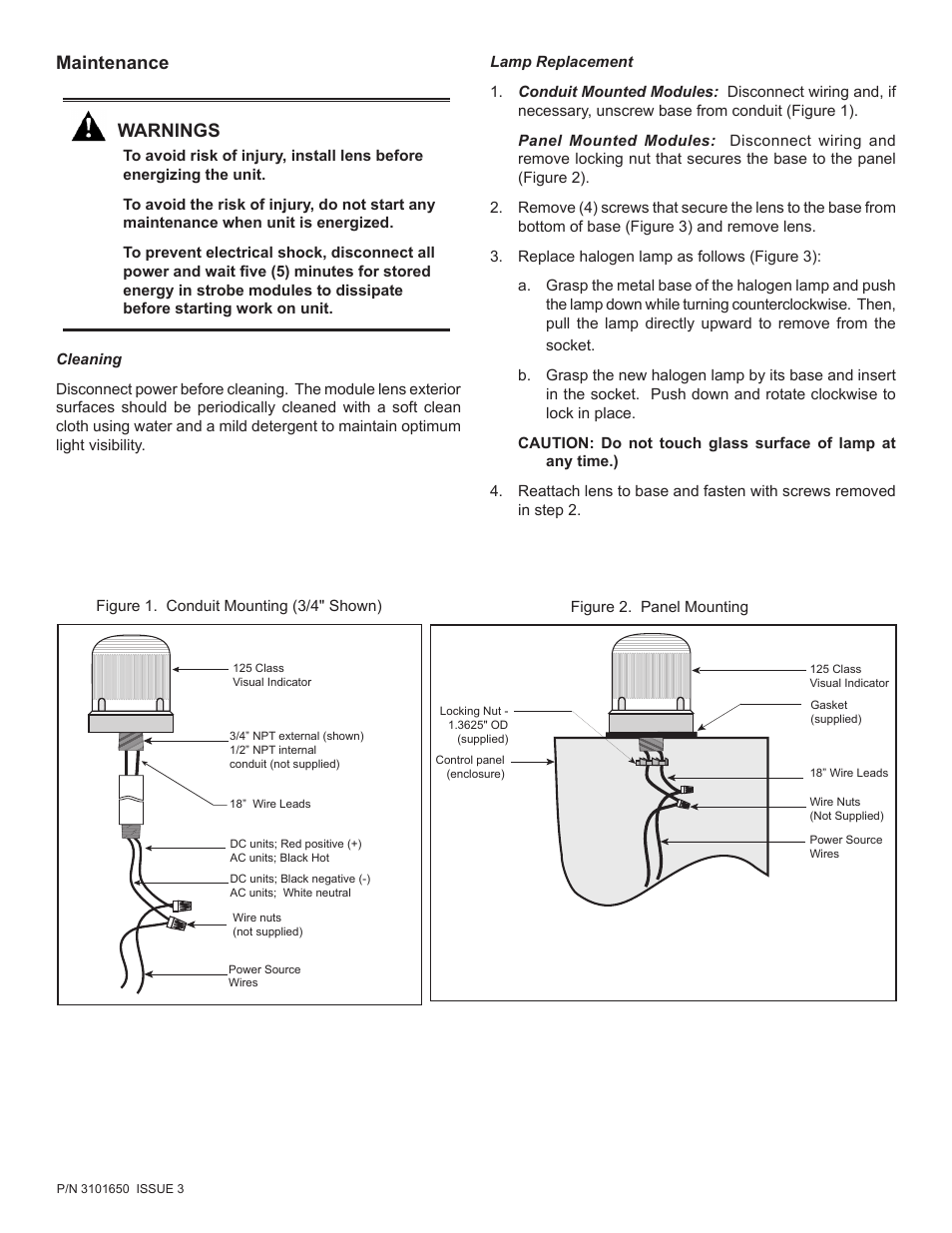 Maintenance, Warnings | Edwards Signaling 125 Class Halogen User Manual | Page 2 / 4