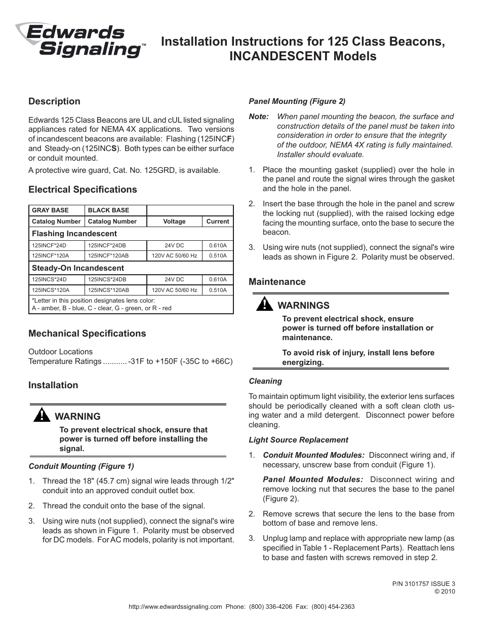 Edwards Signaling 125 Class Incand User Manual | 2 pages