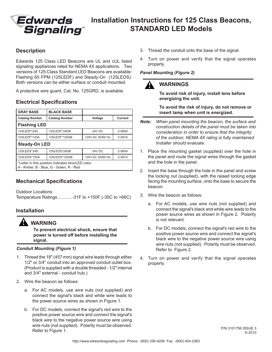Edwards Signaling 125 Class Standard LED User Manual | 2 pages