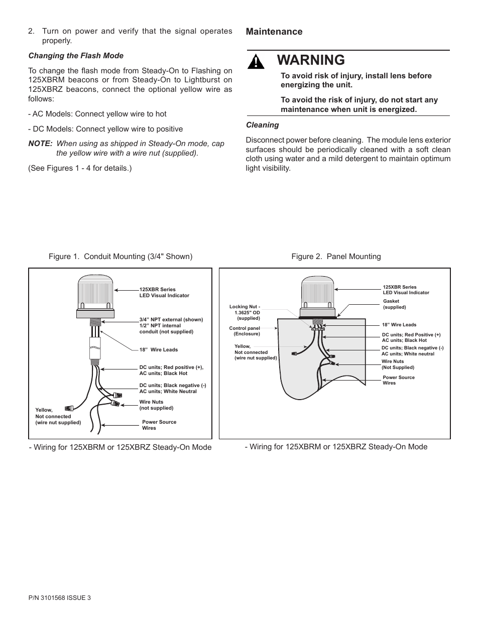 Warning, Maintenance | Edwards Signaling 125XBR LED User Manual | Page 2 / 4