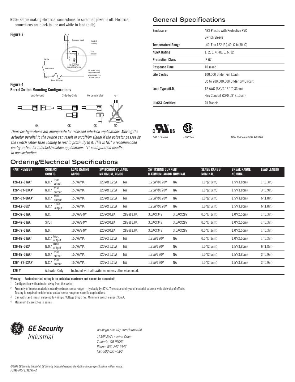 Ge security industrial, General specifications, Ordering/electrical specifications | Edwards Signaling 126 GuardSwitch User Manual | Page 2 / 2