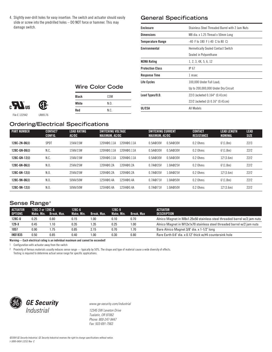 Ge security industrial, General specifications, Ordering/electrical specifications | Sense range, Wire color code | Edwards Signaling 128C GuardSwitch User Manual | Page 2 / 2