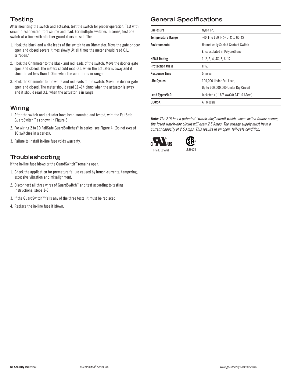 Testing, Wiring, Troubleshooting | General specifications | Edwards Signaling 215-F6 GuardSwitch User Manual | Page 3 / 4