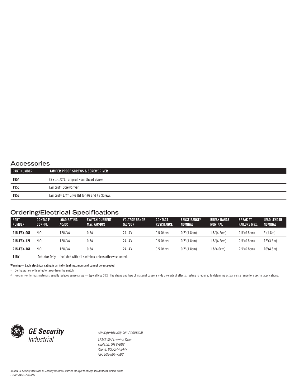 Ge security industrial, Ordering/electrical specifications accessories | Edwards Signaling 215-F6 GuardSwitch User Manual | Page 4 / 4