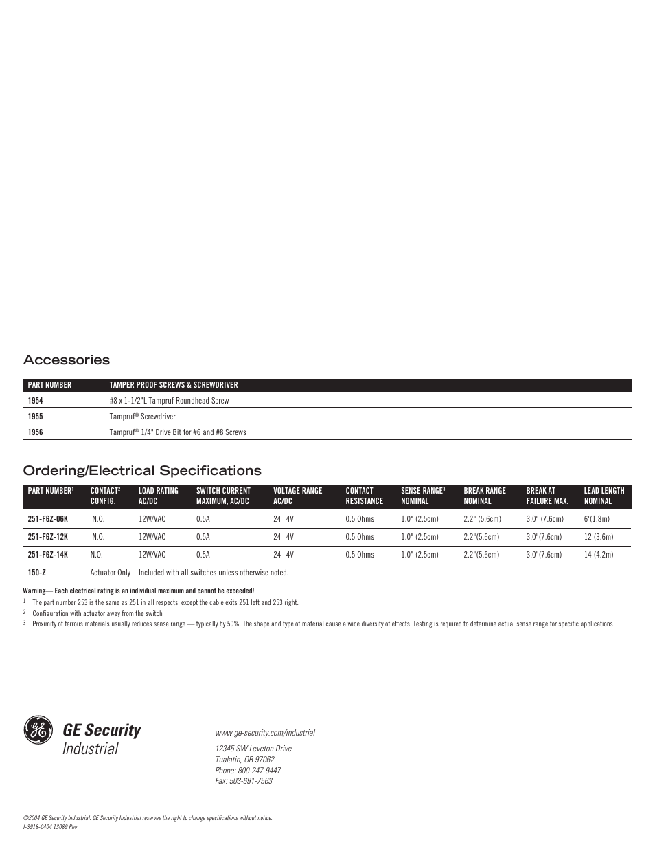 Ge security industrial, Ordering/electrical specifications, Accessories | Edwards Signaling 251-F6 User Manual | Page 4 / 4