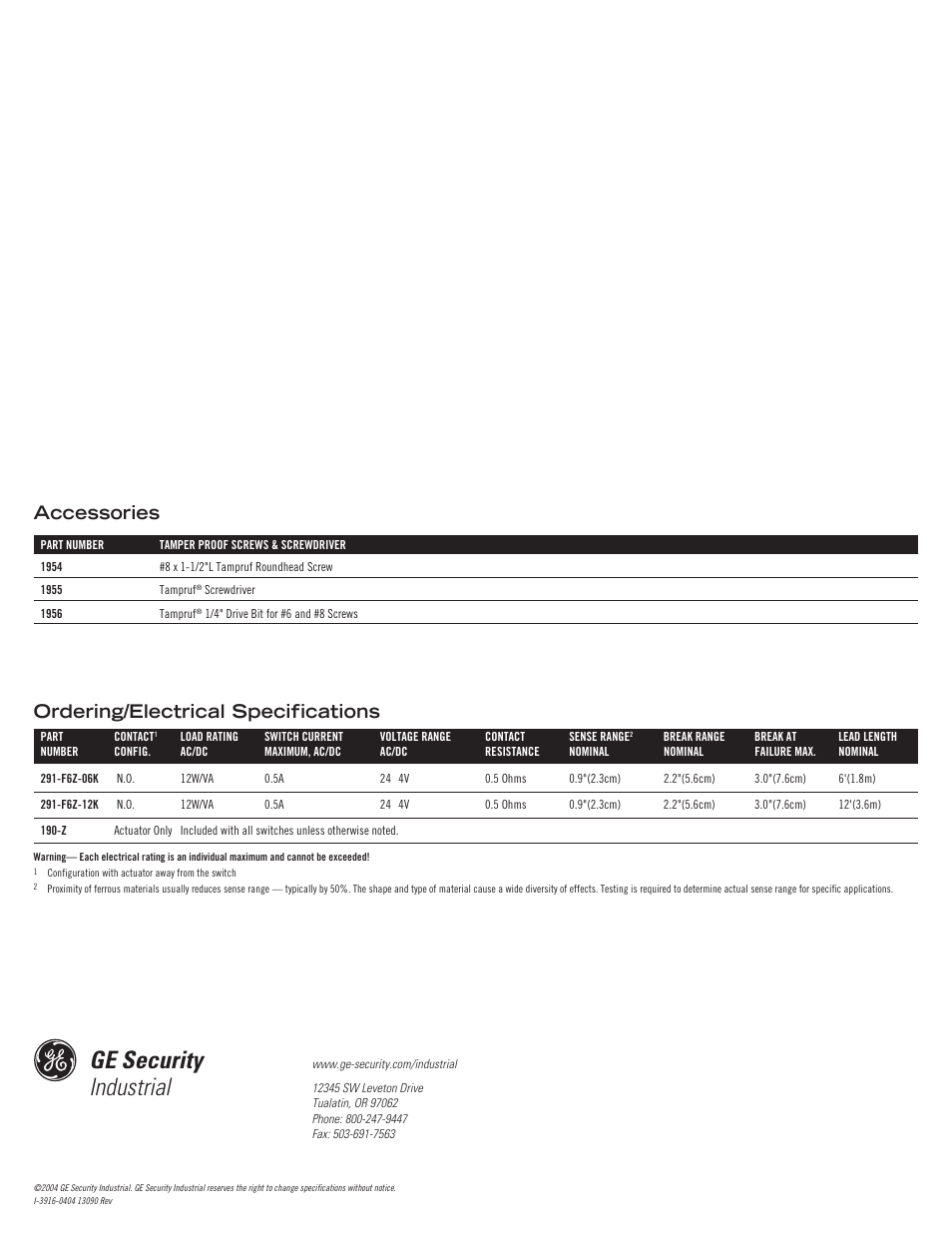 Ge security industrial, Ordering/electrical specifications accessories | Edwards Signaling 291-F6 User Manual | Page 4 / 4