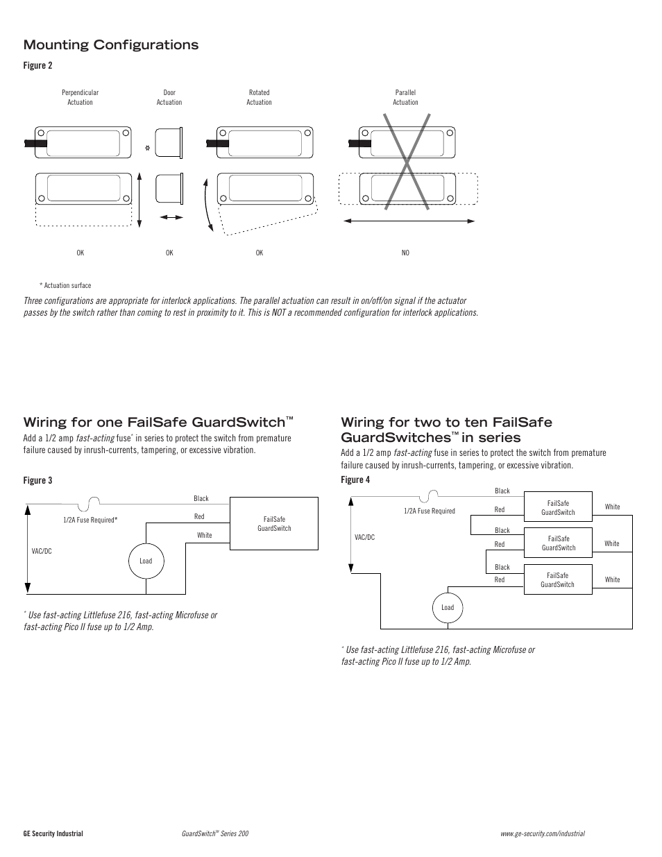 Mounting configurations, Wiring for one failsafe guardswitch, Wiring for two to ten failsafe guardswitches | Edwards Signaling 291-F7 User Manual | Page 2 / 4