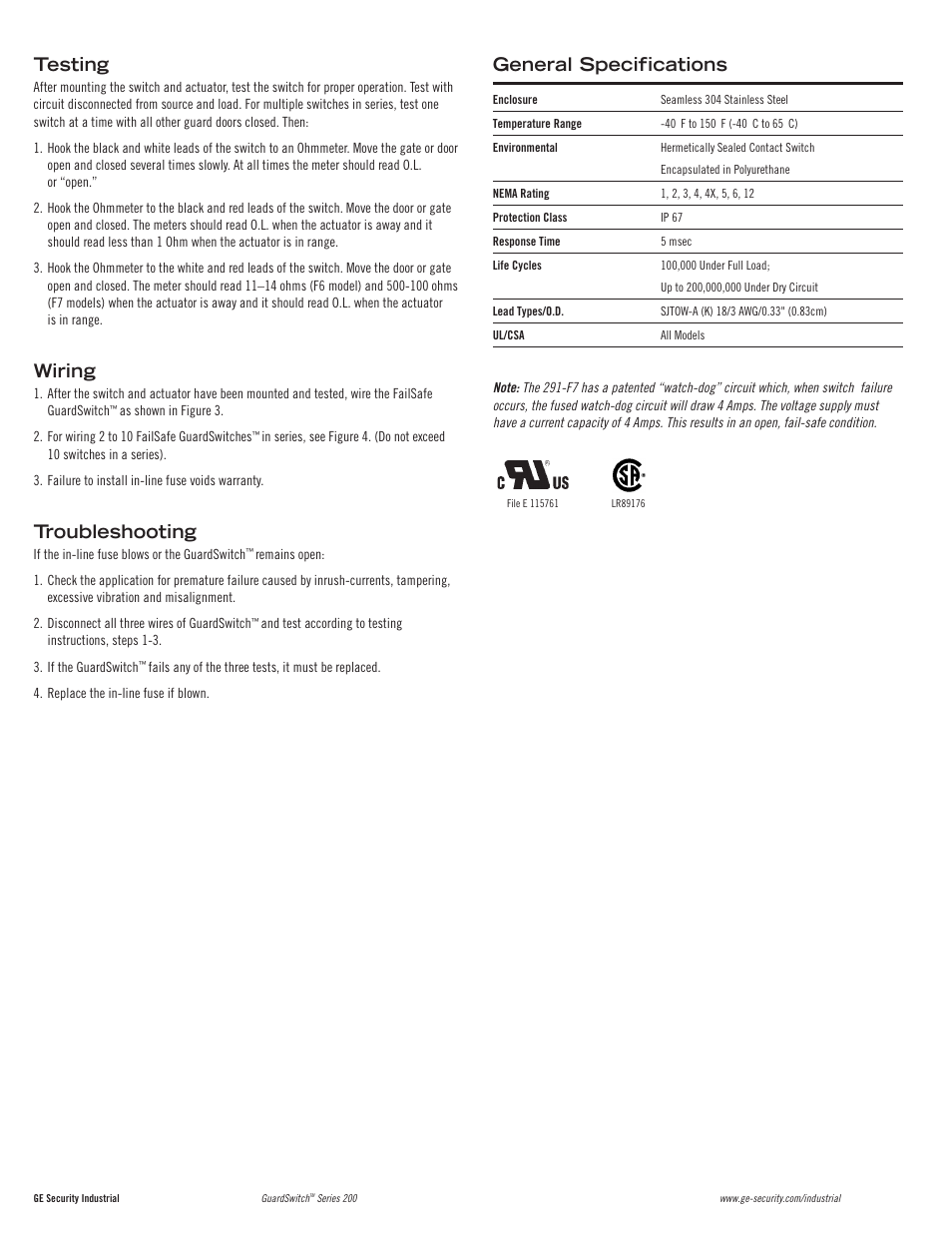 Testing, Wiring, Troubleshooting | General specifications | Edwards Signaling 291-F7 User Manual | Page 3 / 4