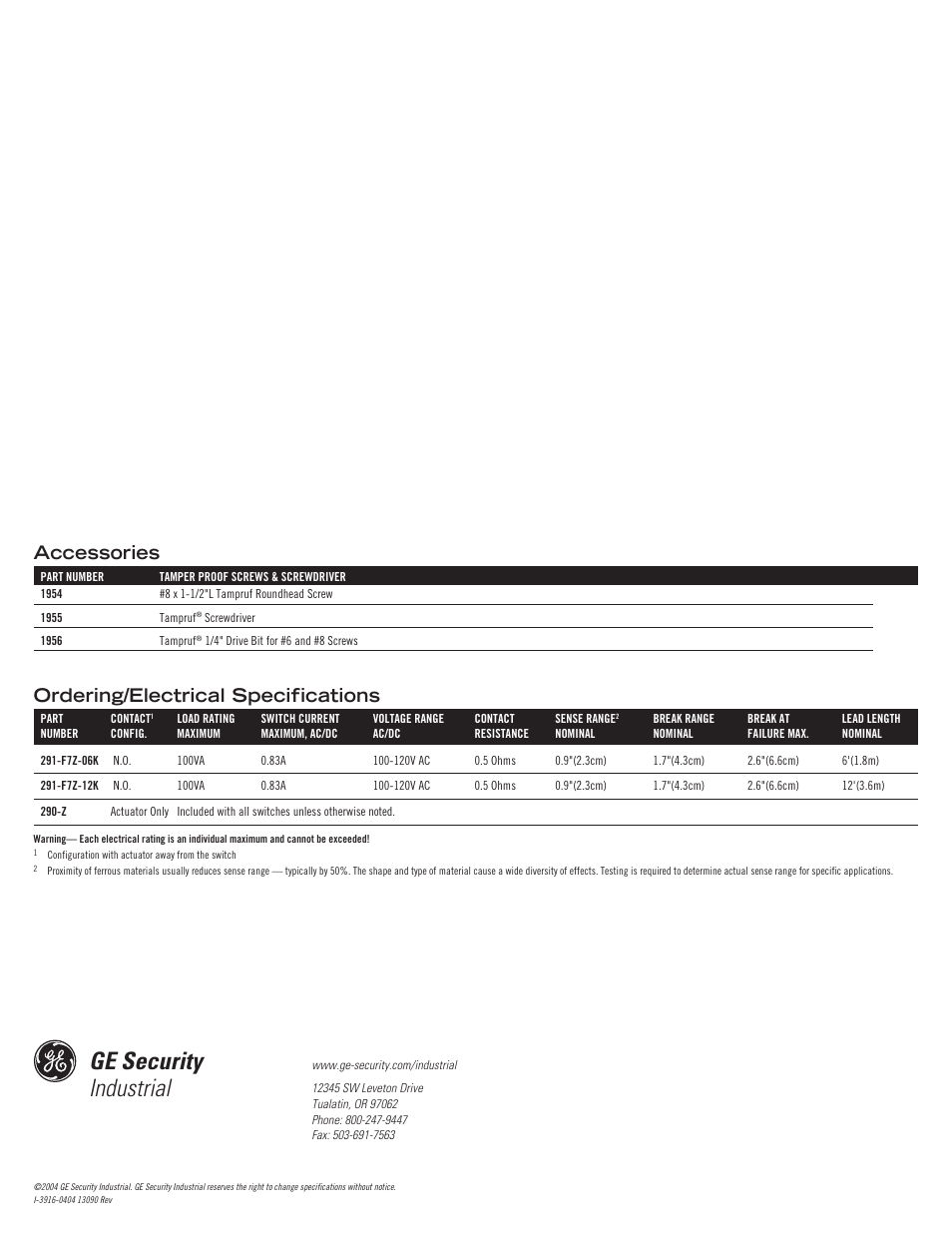 Ge security industrial, Ordering/electrical specifications accessories | Edwards Signaling 291-F7 User Manual | Page 4 / 4