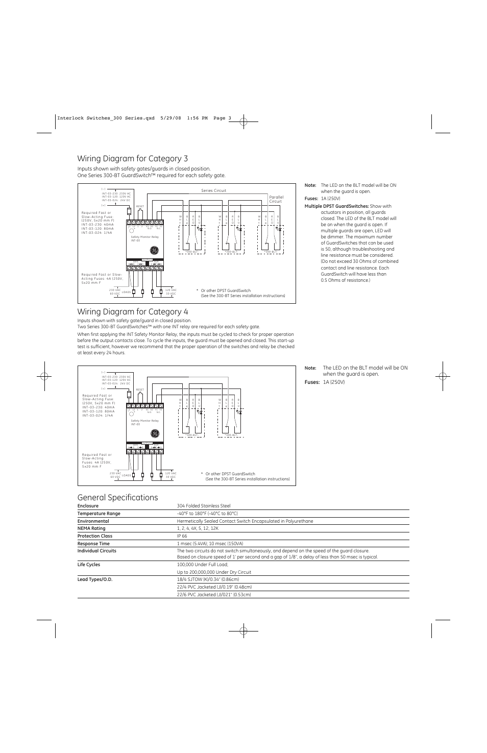 Wiring diagram for category 3, Wiring diagram for category 4, General specifications | Edwards Signaling 300 Series User Manual | Page 3 / 4