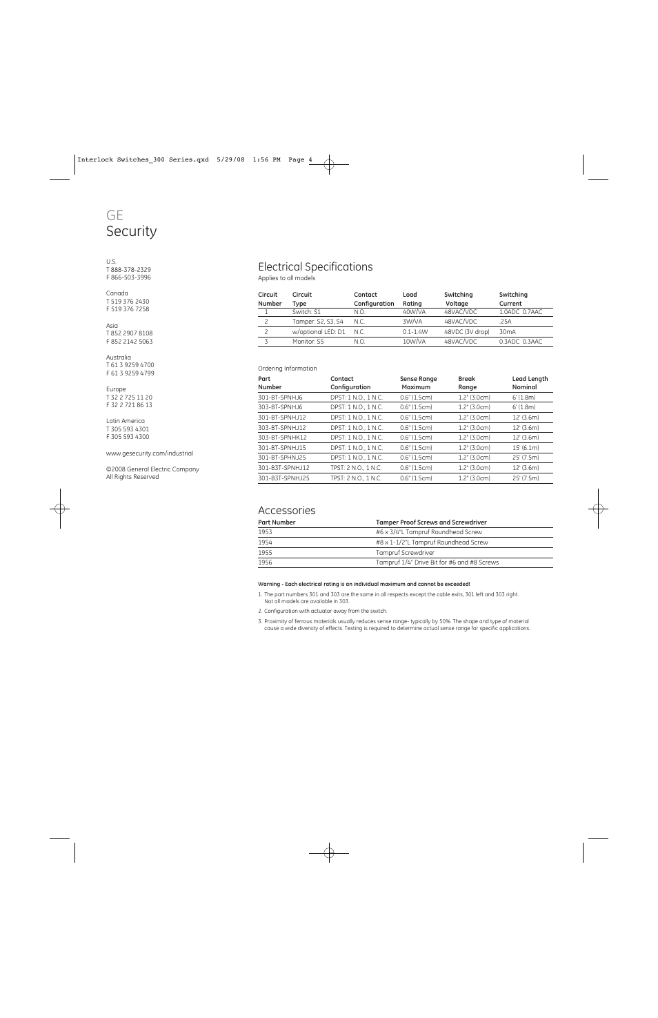 Ge security, Electrical specifications, Accessories | Edwards Signaling 300 Series User Manual | Page 4 / 4