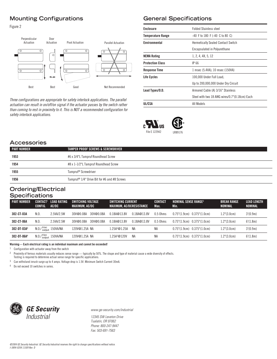 Ge security industrial, Mounting configurations, Accessories | Edwards Signaling 302 User Manual | Page 2 / 2