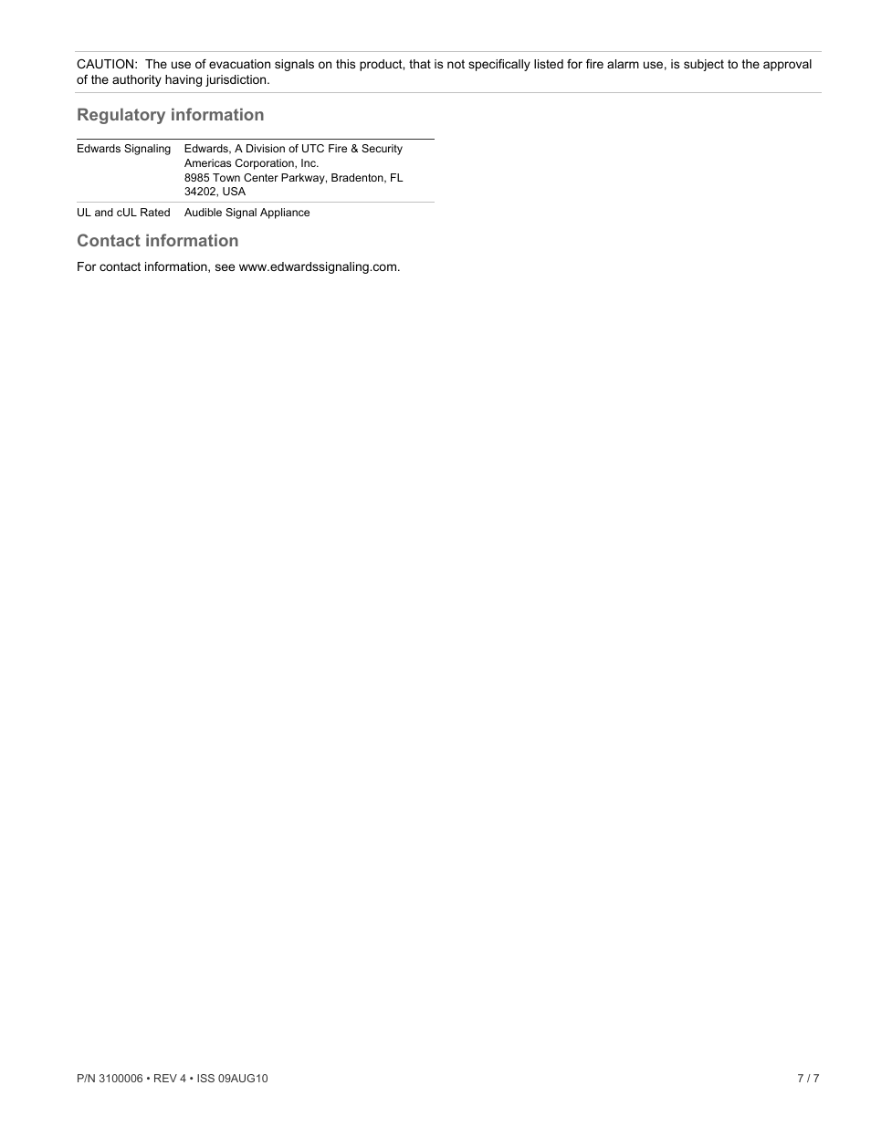 Regulatory information, Contact information | Edwards Signaling 5530MHV User Manual | Page 7 / 8