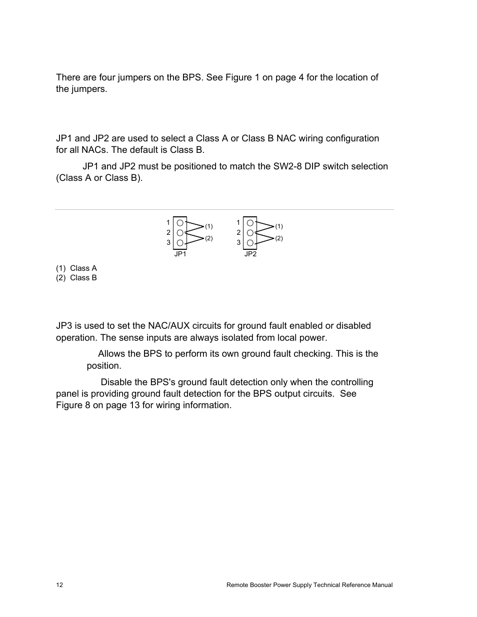 Setting the jumpers, Nac class a or class b (jp1 and jp2), Ground fault enable (jp3) | Edwards Signaling EBPS Remote Booster Power Supply User Manual | Page 18 / 64