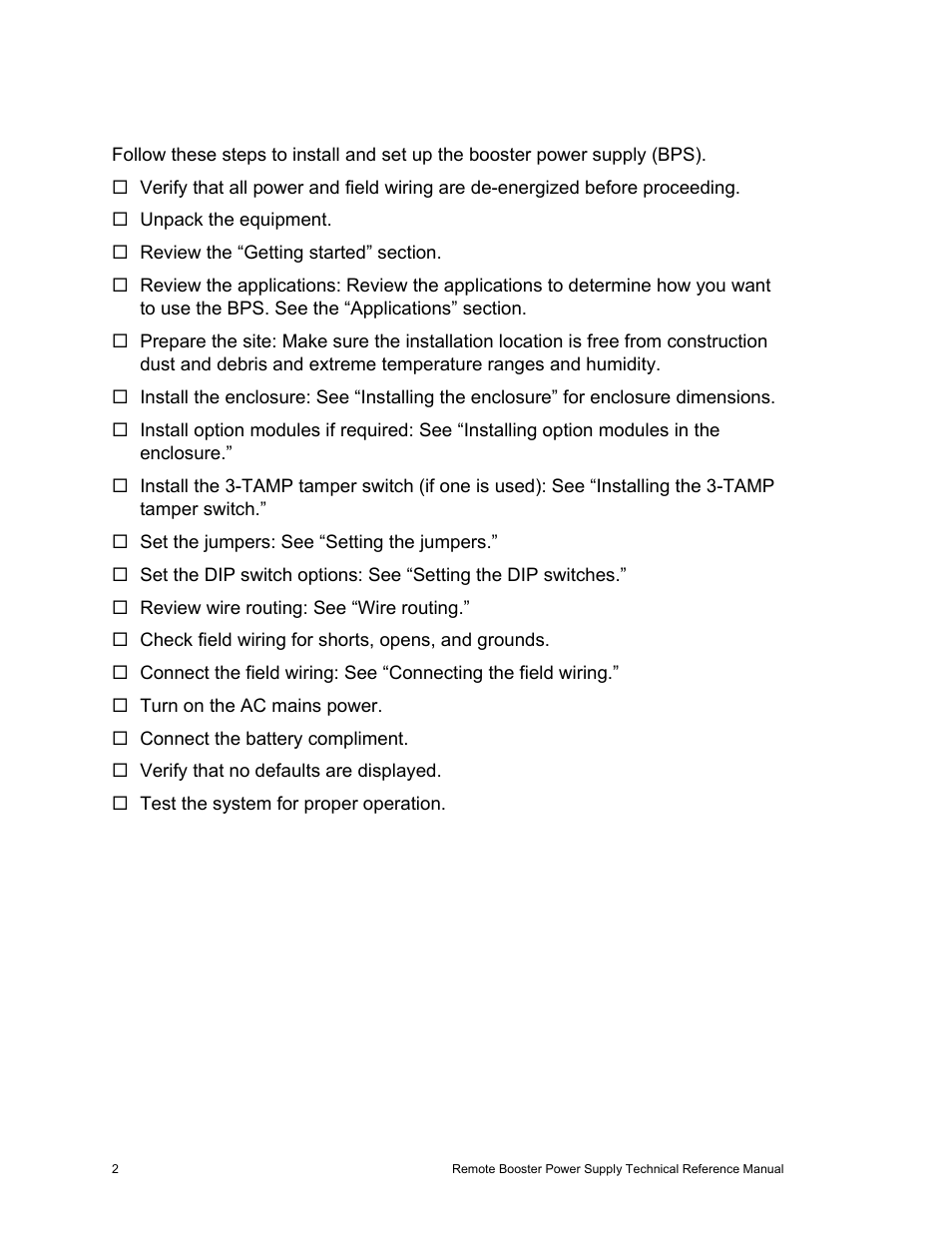 Installation procedure checklist | Edwards Signaling EBPS Remote Booster Power Supply User Manual | Page 8 / 64