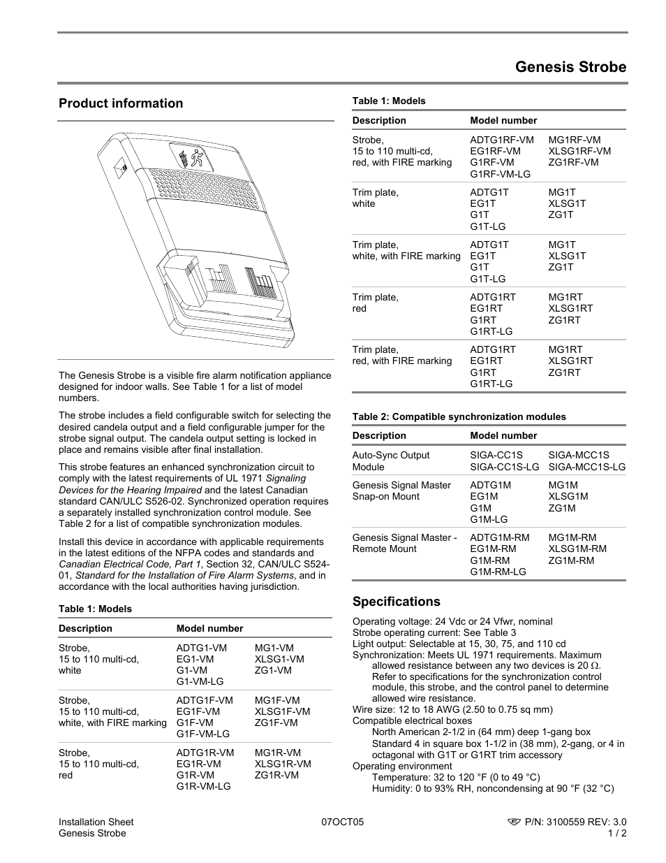 Edwards Signaling Genesis Strobe User Manual | 2 pages