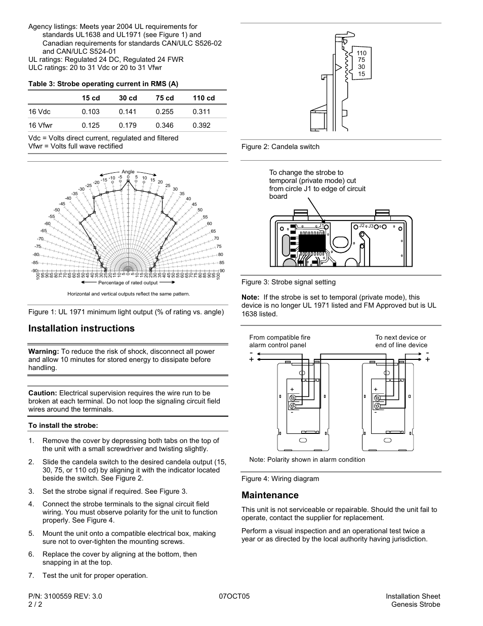 Installation instructions, Maintenance | Edwards Signaling Genesis Strobe User Manual | Page 2 / 2