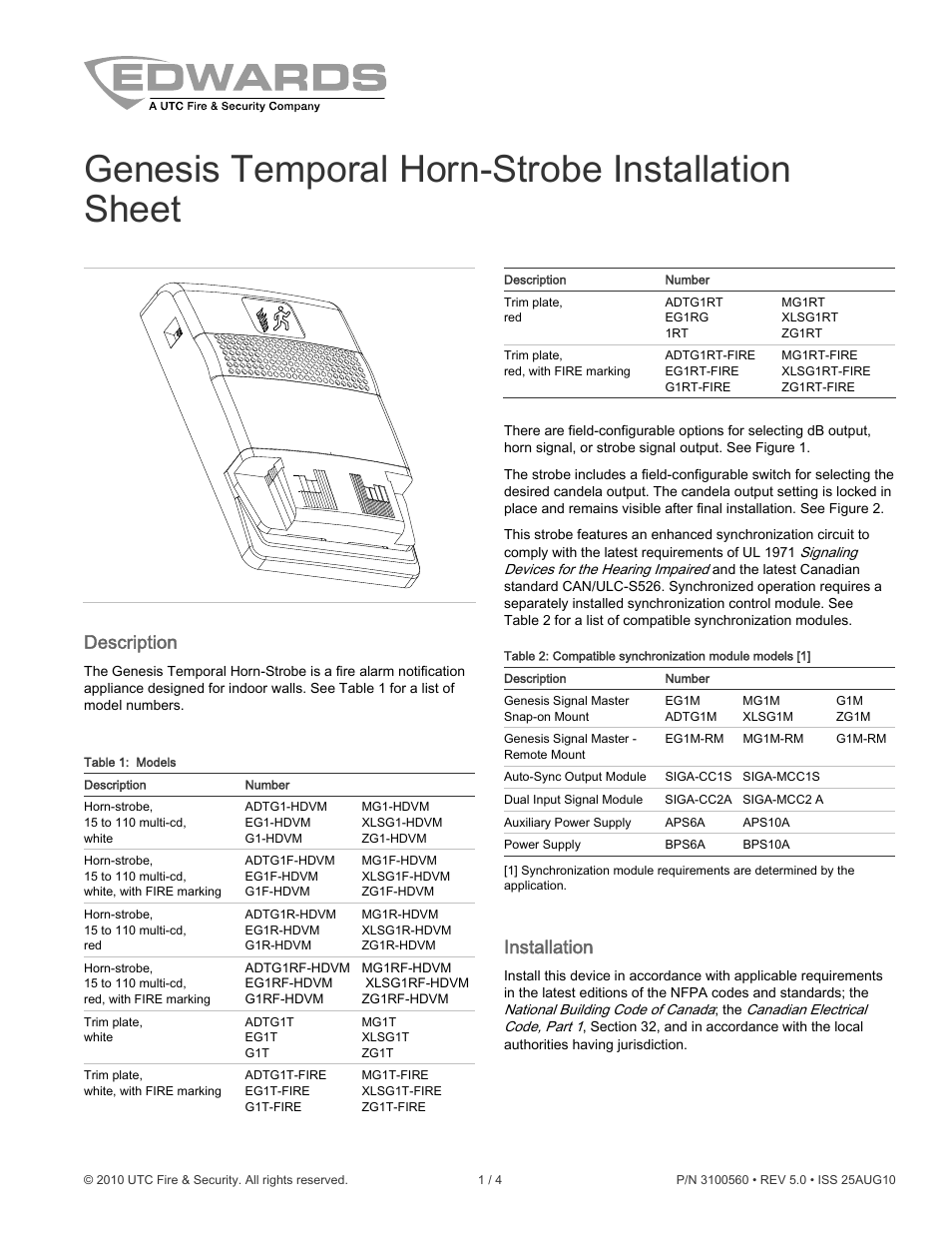 Edwards Signaling Genesis Temporal Horn-Strobe User Manual | 4 pages