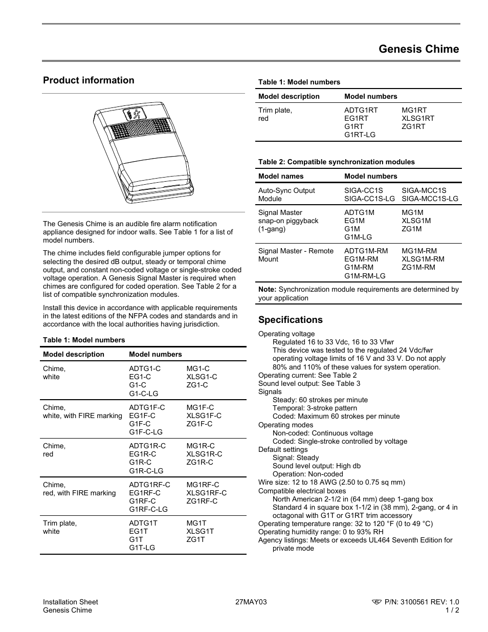 Edwards Signaling Genesis Chime User Manual | 2 pages