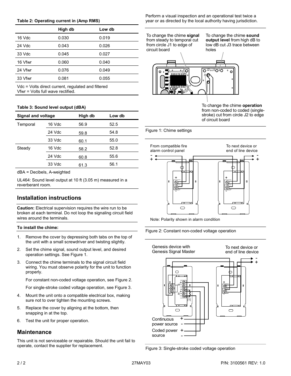 Installation instructions, Maintenance | Edwards Signaling Genesis Chime User Manual | Page 2 / 2