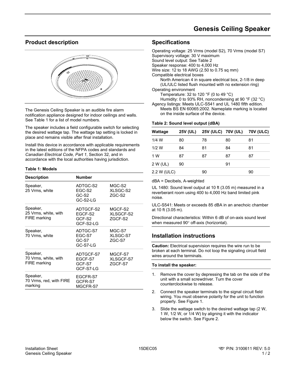 Edwards Signaling Genesis Ceiling Speaker User Manual | 2 pages