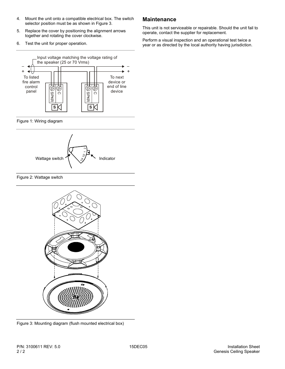 Maintenance | Edwards Signaling Genesis Ceiling Speaker User Manual | Page 2 / 2