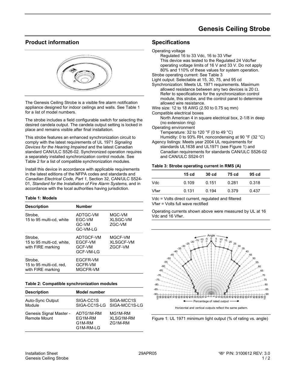 Edwards Signaling Genesis Ceiling Strobe User Manual | 2 pages