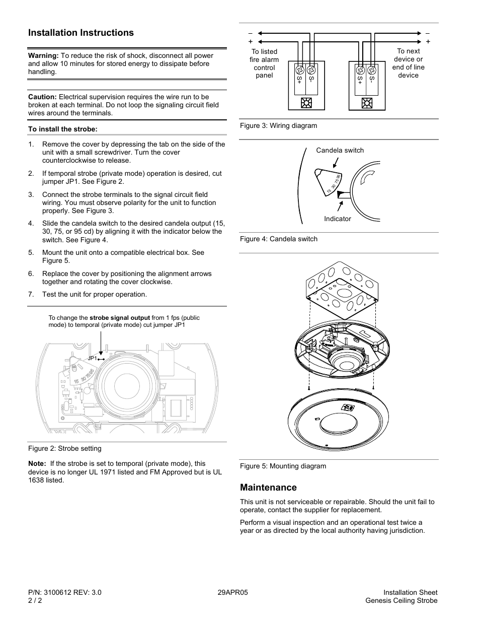 Installation instructions, Maintenance | Edwards Signaling Genesis Ceiling Strobe User Manual | Page 2 / 2