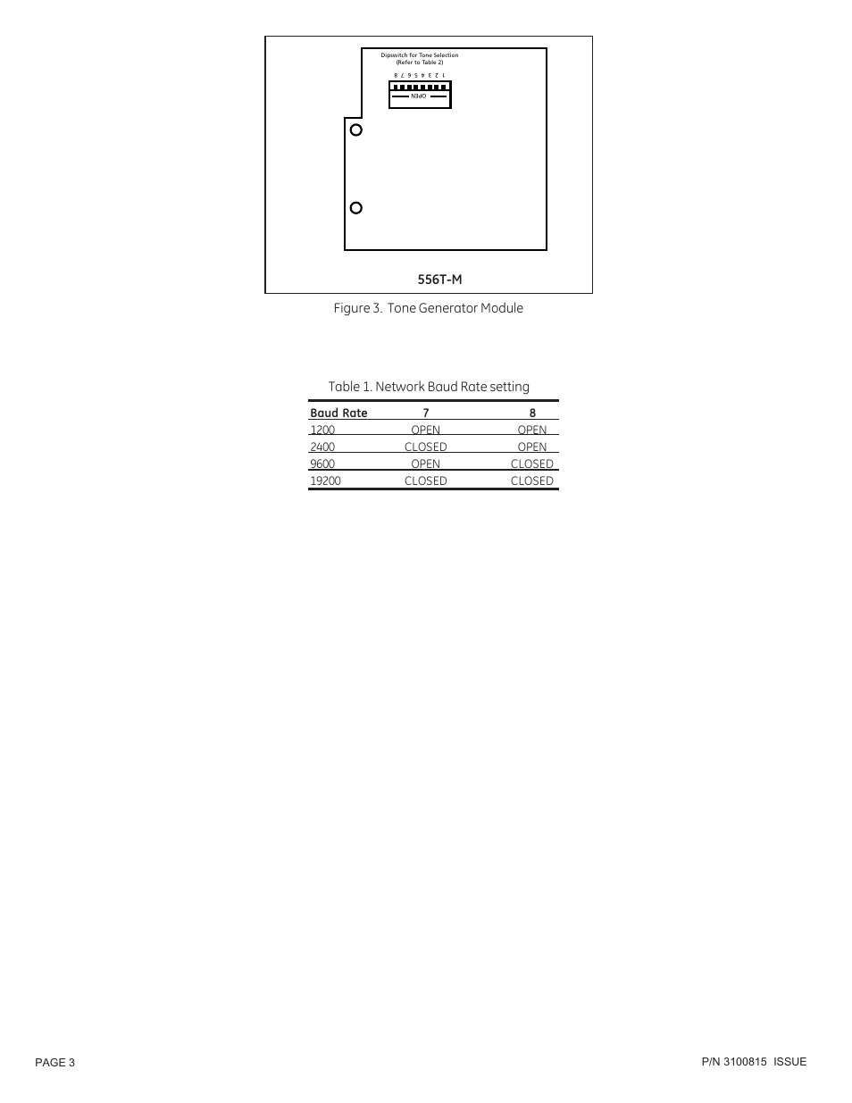 Figure 3. tone generator module 556t-m, Table 1. network baud rate setting | Edwards Signaling 5560MD Series User Manual | Page 3 / 4