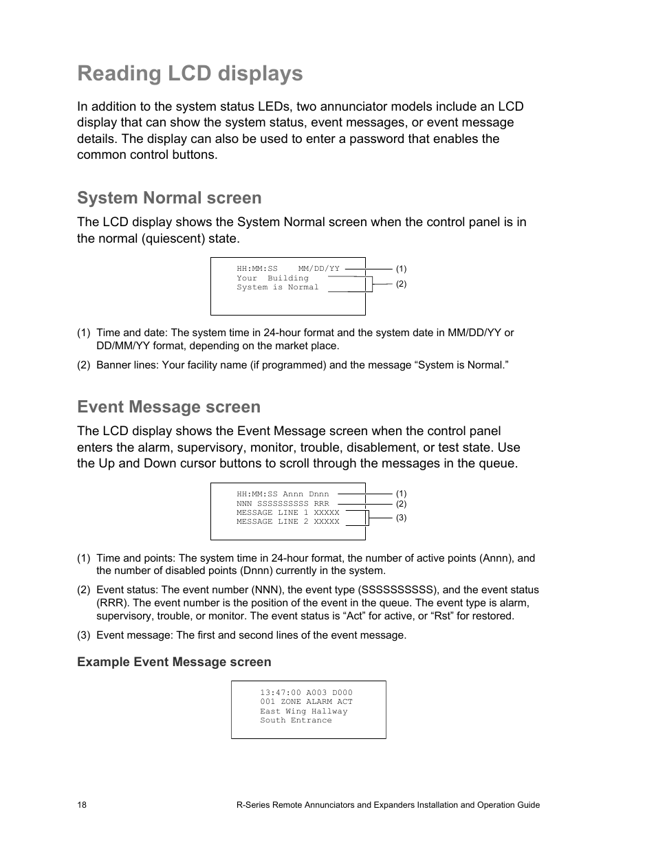 Reading lcd displays, System normal screen, Event message screen | Edwards Signaling R-Series User Manual | Page 22 / 26
