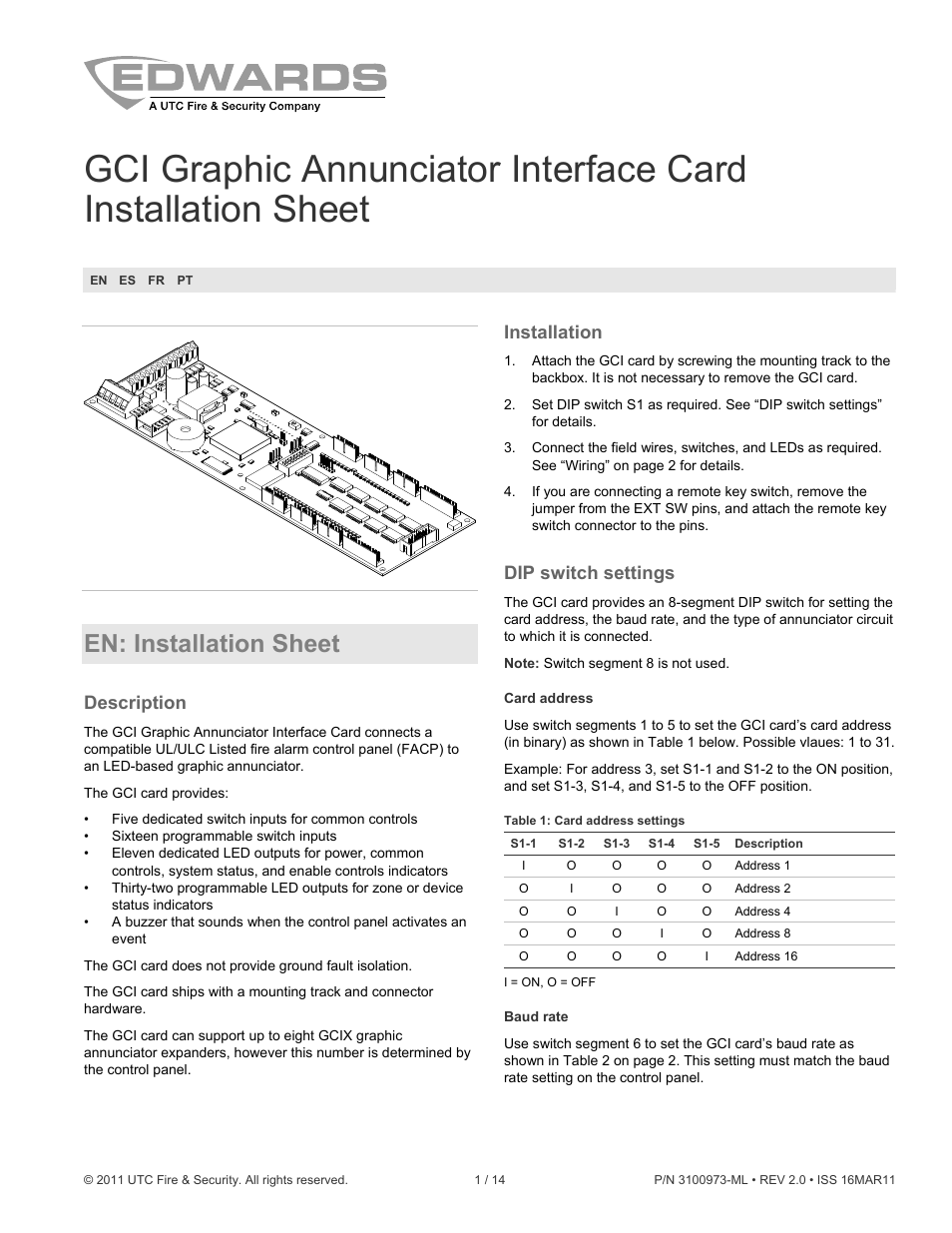 Edwards Signaling GCI Graphic Annunciator Interface Card User Manual | 14 pages