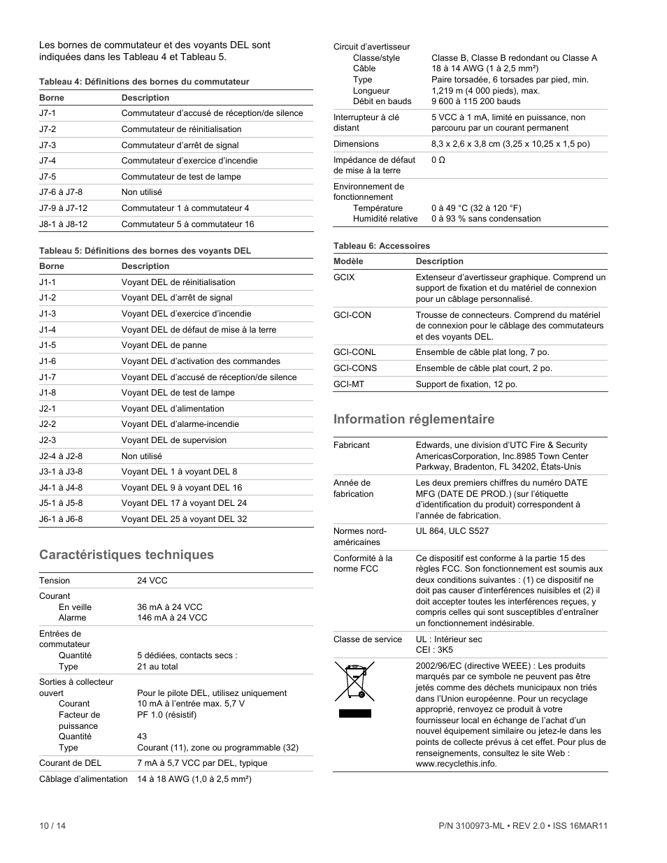 Caractéristiques techniques, Information réglementaire | Edwards Signaling GCI Graphic Annunciator Interface Card User Manual | Page 10 / 14