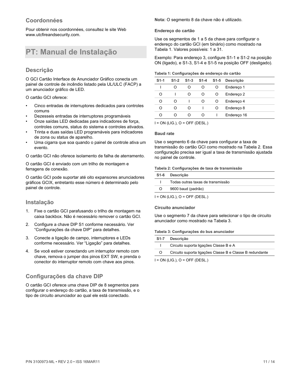 Pt: manual de instalação, Coordonnées, Descrição | Instalação, Configurações da chave dip | Edwards Signaling GCI Graphic Annunciator Interface Card User Manual | Page 11 / 14