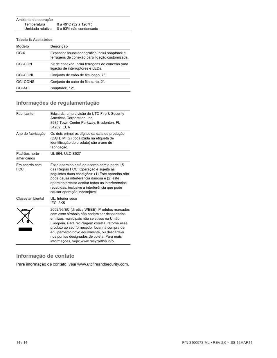 Informações de regulamentação, Informação de contato | Edwards Signaling GCI Graphic Annunciator Interface Card User Manual | Page 14 / 14