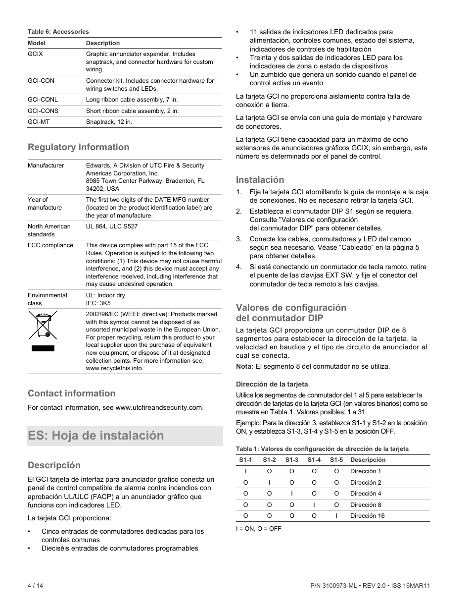 Es: hoja de instalación, Regulatory information, Contact information | Descripción, Instalación, Valores de configuración del conmutador dip | Edwards Signaling GCI Graphic Annunciator Interface Card User Manual | Page 4 / 14