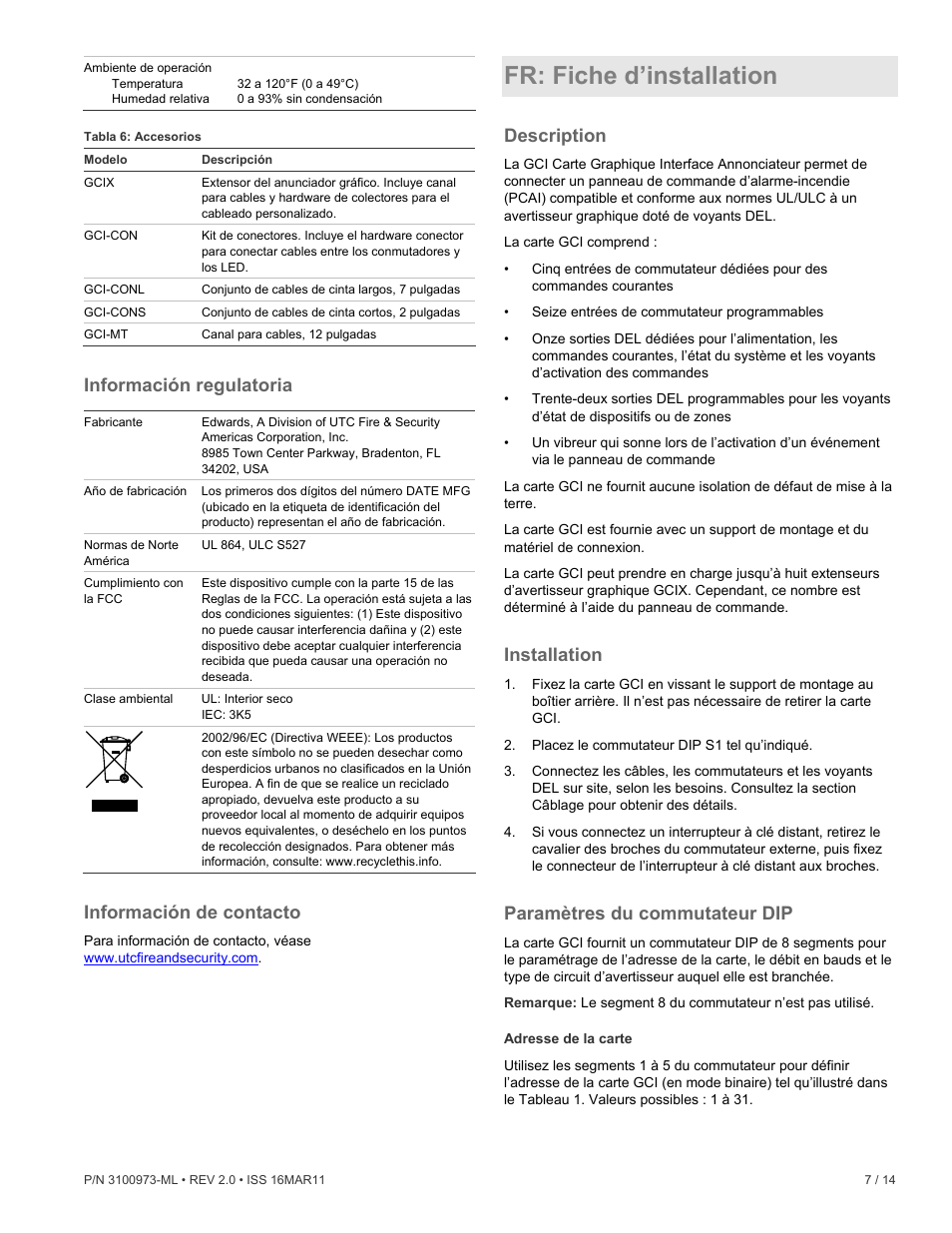 Fr: fiche d’installation, Información regulatoria, Información de contacto | Description, Installation, Paramètres du commutateur dip | Edwards Signaling GCI Graphic Annunciator Interface Card User Manual | Page 7 / 14