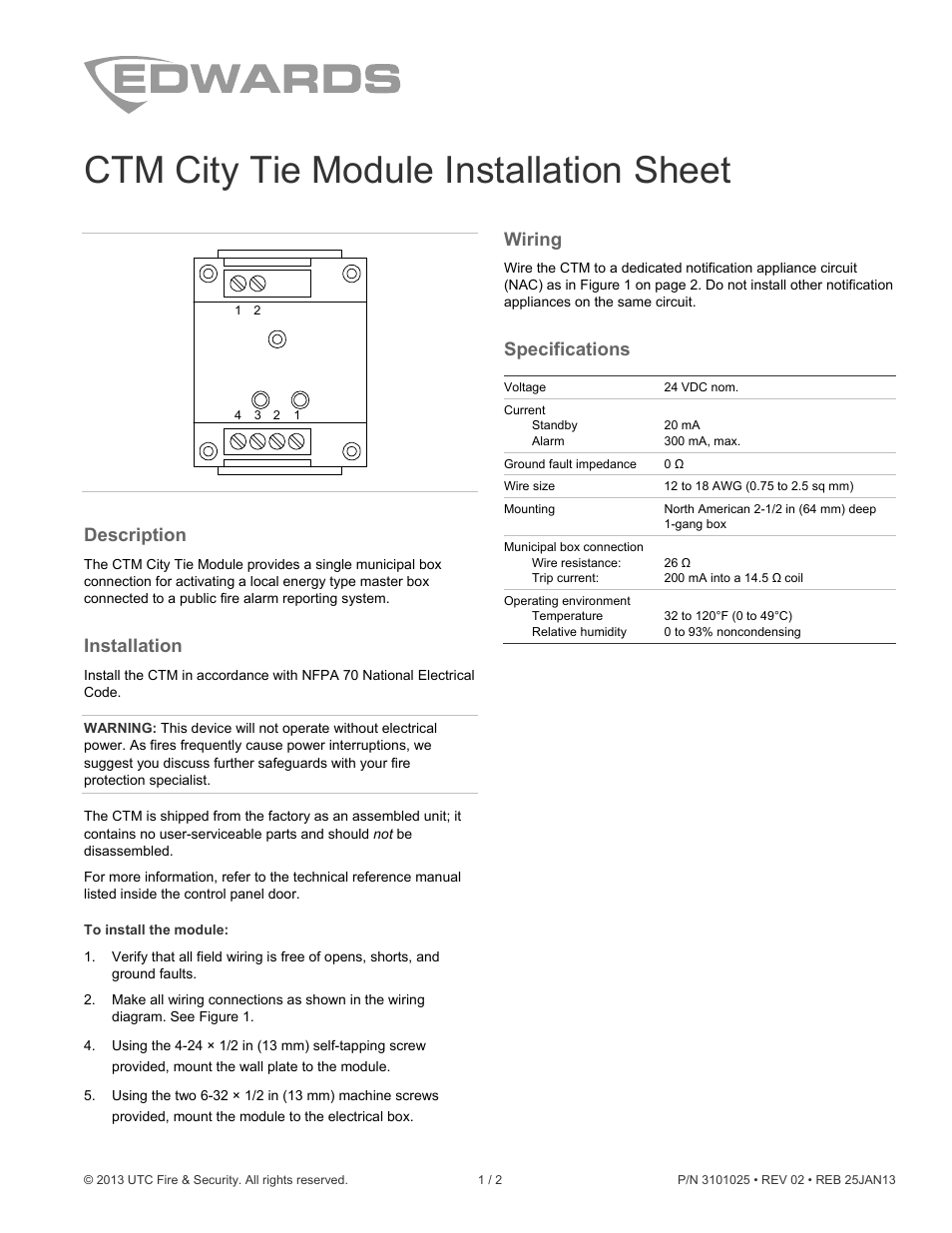 Edwards Signaling CTM City Tie Module User Manual | 2 pages