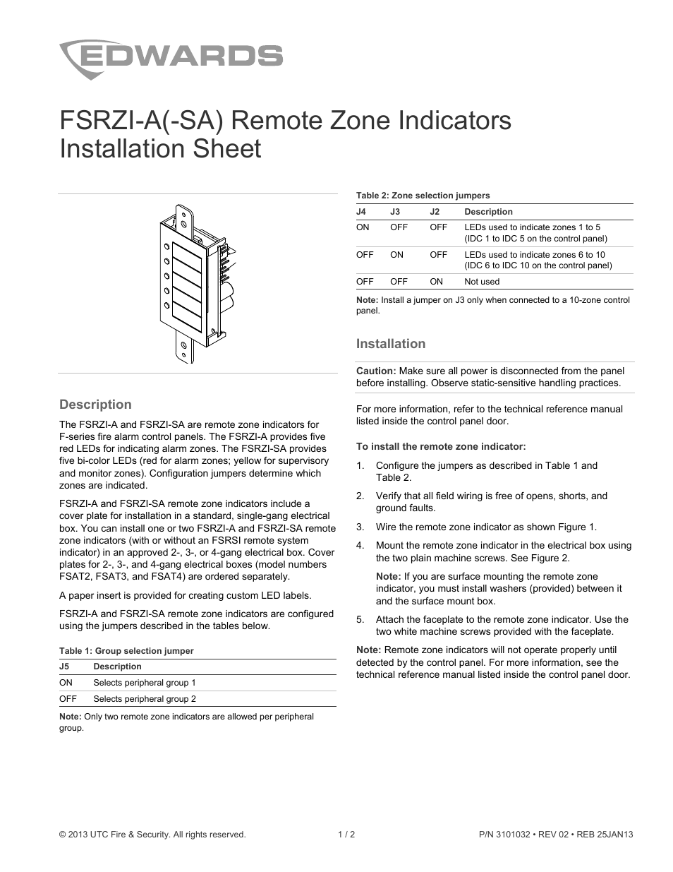 Edwards Signaling FSRZI-A-SA Remote Zone Indicators User Manual | 2 pages