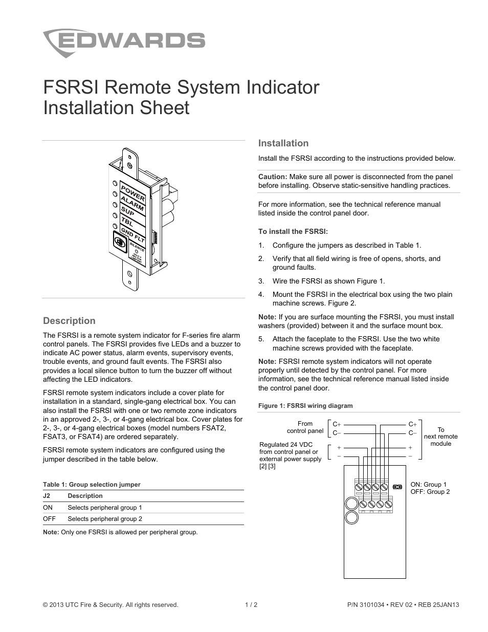 Edwards Signaling FSRSI Remote System Indicator User Manual | 2 pages